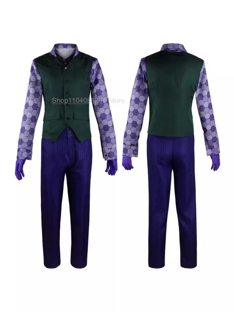 Disfraz de The Dark Knight The Joker, conjunto completo de payaso, abrigo, camisa, chaleco, traje de corbata, conjunto completo para disfraces de Halloween