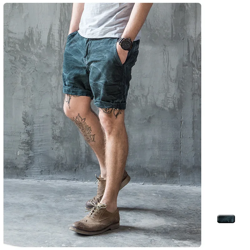May Kaji Summer Denim Shorts Men's Slim Tooling Three-point Four-point Pants Old Retro Tie-dye Washing Process
