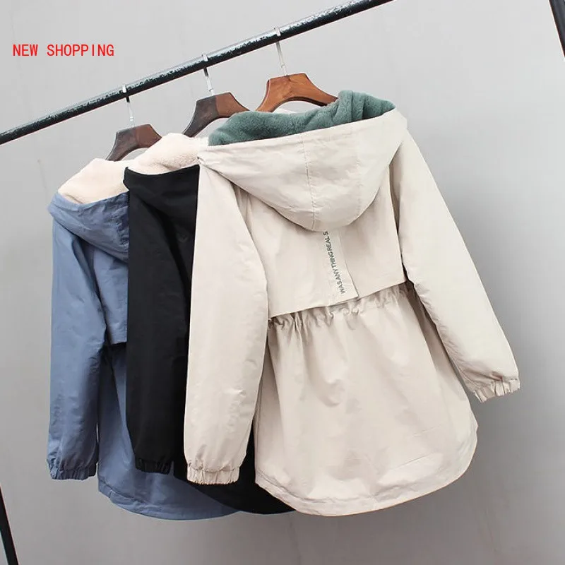Winter Thick Velet Women Trench Coat New Hooded Collar Zipper Loose Female Trench Plus Size Print Adjustable Waist Wind Coat 3XL