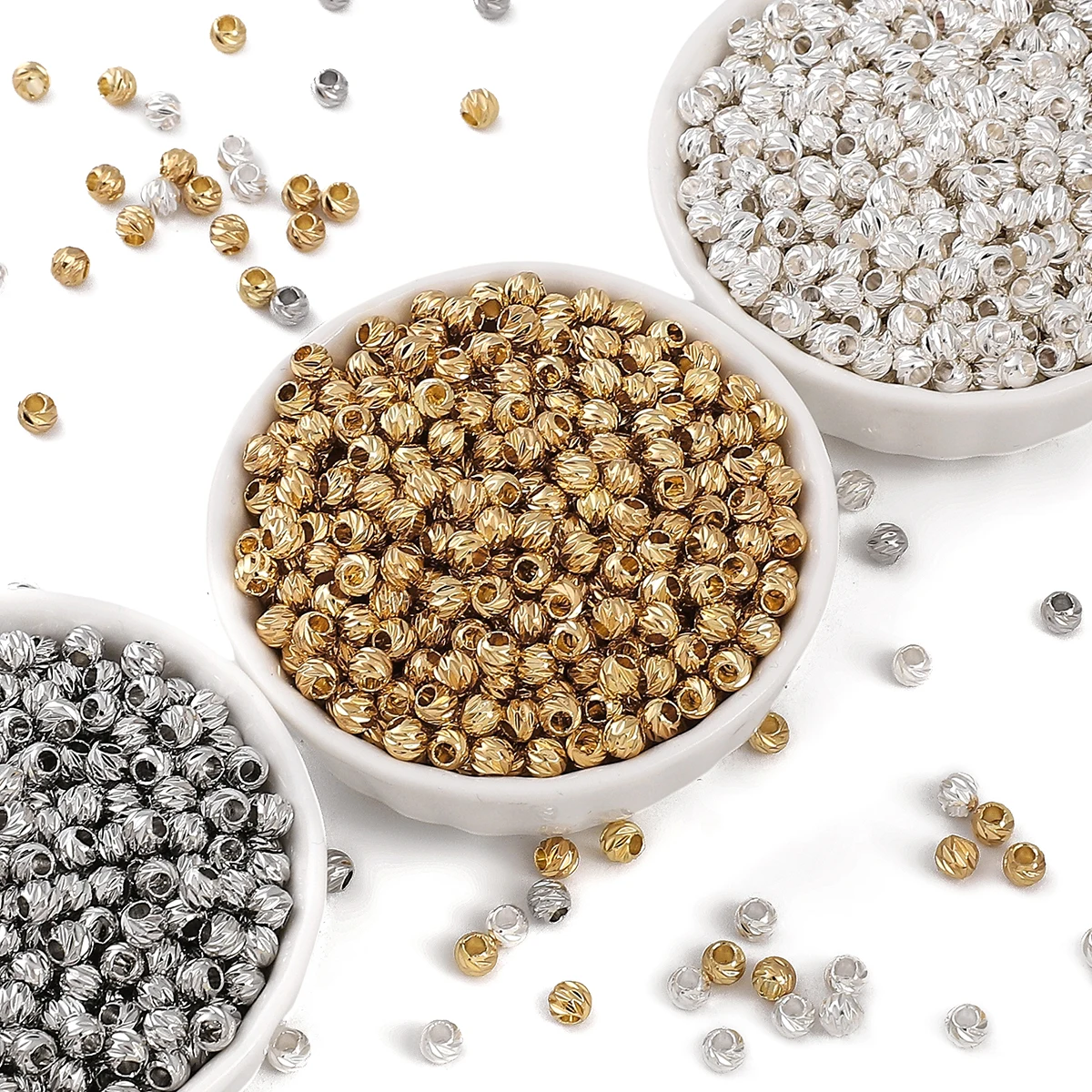 Round Carved 3mm 4mm 5mm Gold Color Silver Color Plated Brass Metal Loose Spacer Beads For Jewelry Making