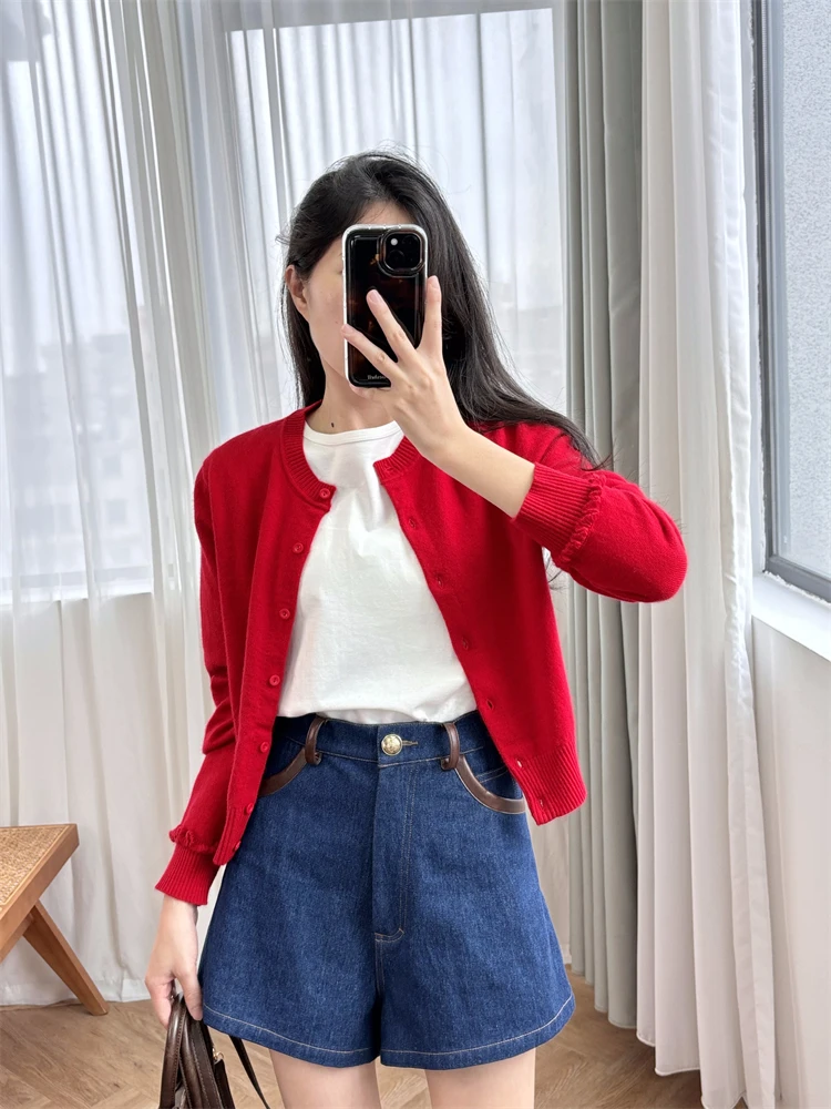 New 2024 High Quality Women Sweater Red Cardigan Ruffles Edge O-Neck Elegant Sweet Chic Stunning Fashion Design Trendy Stylish S