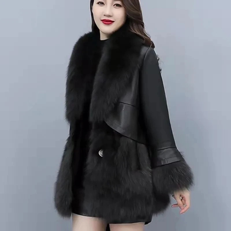 

Fur Coat Women Jacket Coat 2025 Winter New Leather Jacket Slim Mid-length Fox Fur PU Leather Jacket Stitching Haining Coat