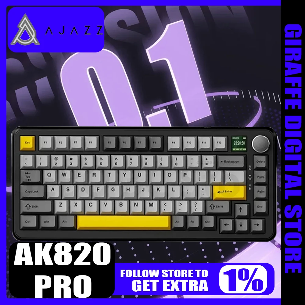 AJAZZ AK820MAX Mechanical Keyboard Multifunctional Knob Screen Hot Swap Tri Mode Wireless Gaming Keyboard Custom Pc Gamer Gifts