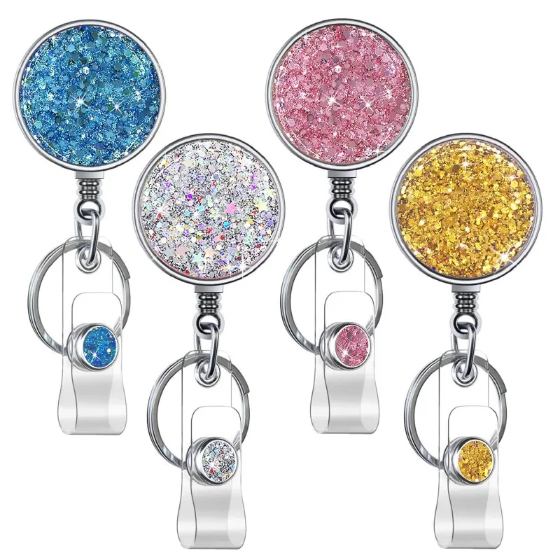 New Design 1 Piece Metal Glitter Retractable Nurse Badge Reel Doctor Student Teacher ID Card Holder Keychains Lanyard