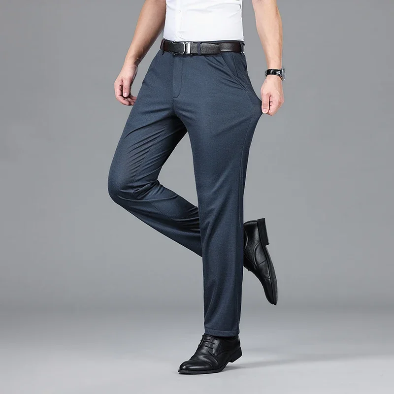 2024 New Lyocell Men's Elastic Casual Pants Classic Loose Straight Business Suit Trousers Brand Clothes Black Blue Gray