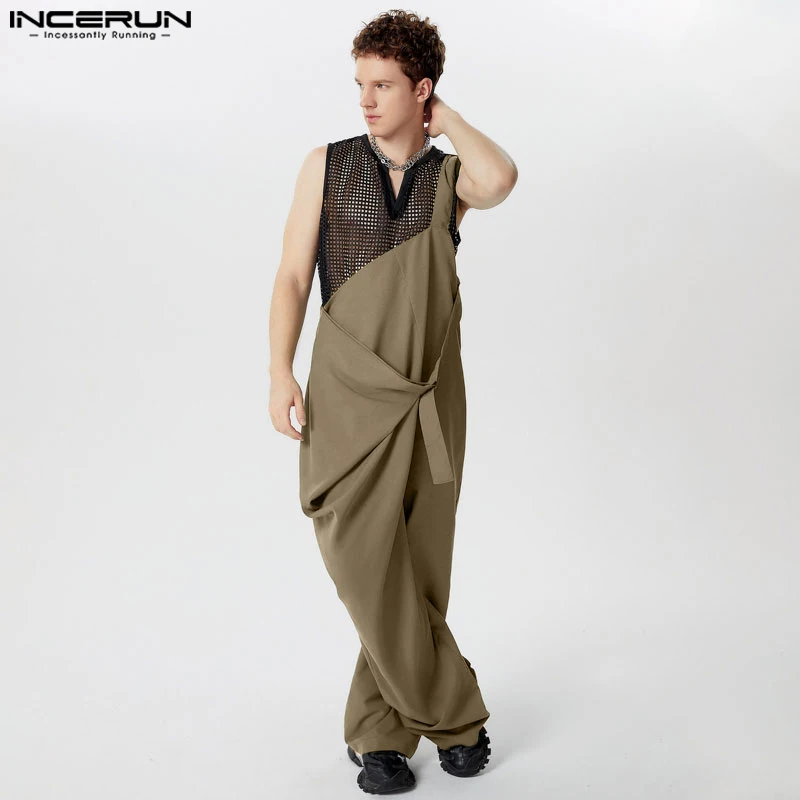 INCERUN Men Irregular Jumpsuits Solid Color Loose Lace Up Casual Rompers Men Streetwear 2024 Pleated Fashion Loose Male Overalls