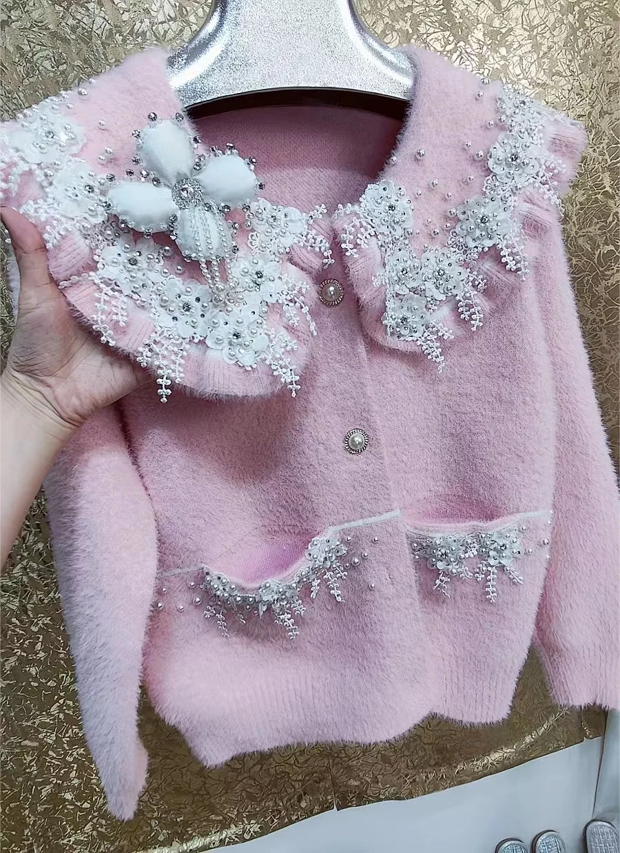 Beaded Diamonds Tassel Flower Embroidery Knitwear Faux Fur Cardigan Coat For Women 2024 Winter Thick Warm Sweater Outwear Jacket