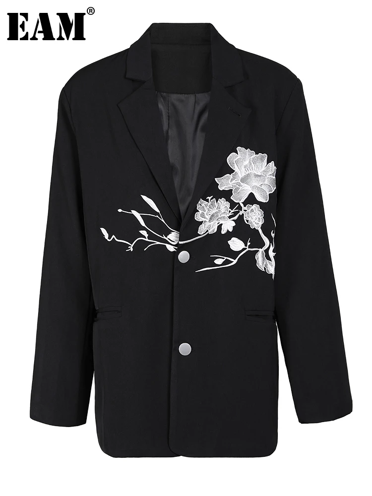 

[EAM] Women Black Embroidery Vintage Big Size New Lapel Long Sleeve Loose Fit Jacket Fashion Tide Spring Autumn 2024 1DF703701