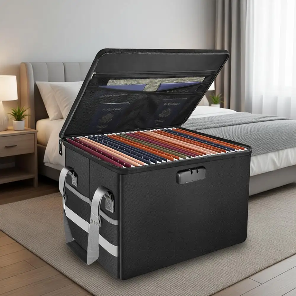 

Secure Locking Document Box with Zip Closure, Collapsible Storage Organizer, Portable Office Safe for Letter/Legal Files, Black