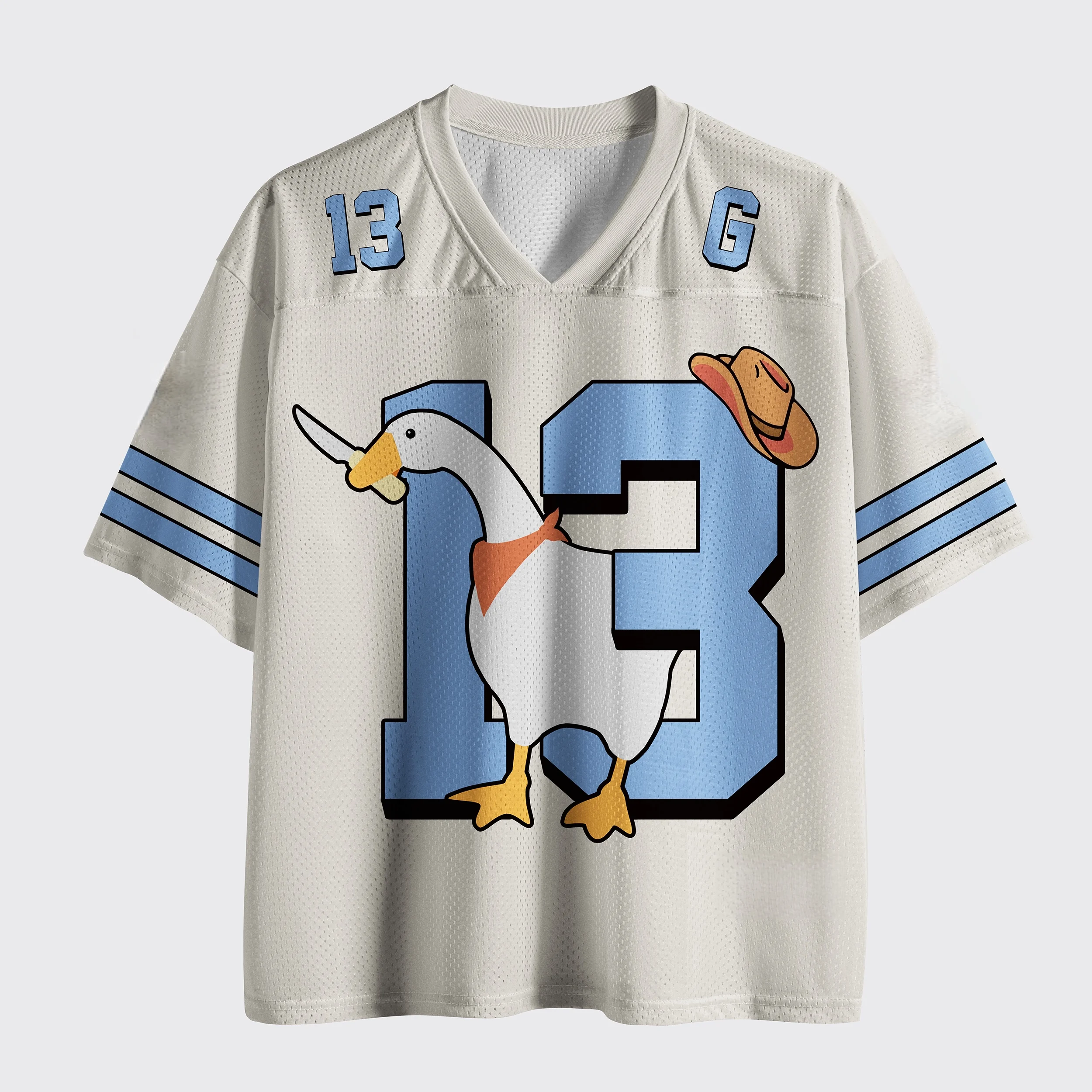 Cowboy Hat Cartoon Goose Graphic V Neck Mesh Cropped Jersey Double Blue Strip Number 13 Sports Tee