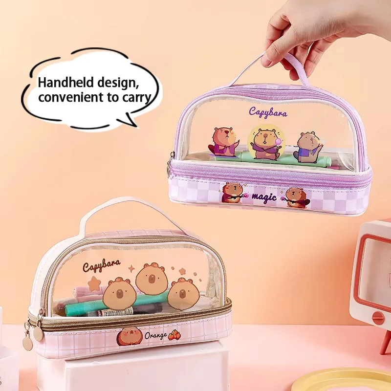 

1Pcs Portable Cartoon Capybara Pencil Case Transparent Double Layer Large Capacity Pencil Bag Stain Resistant Stationery Box