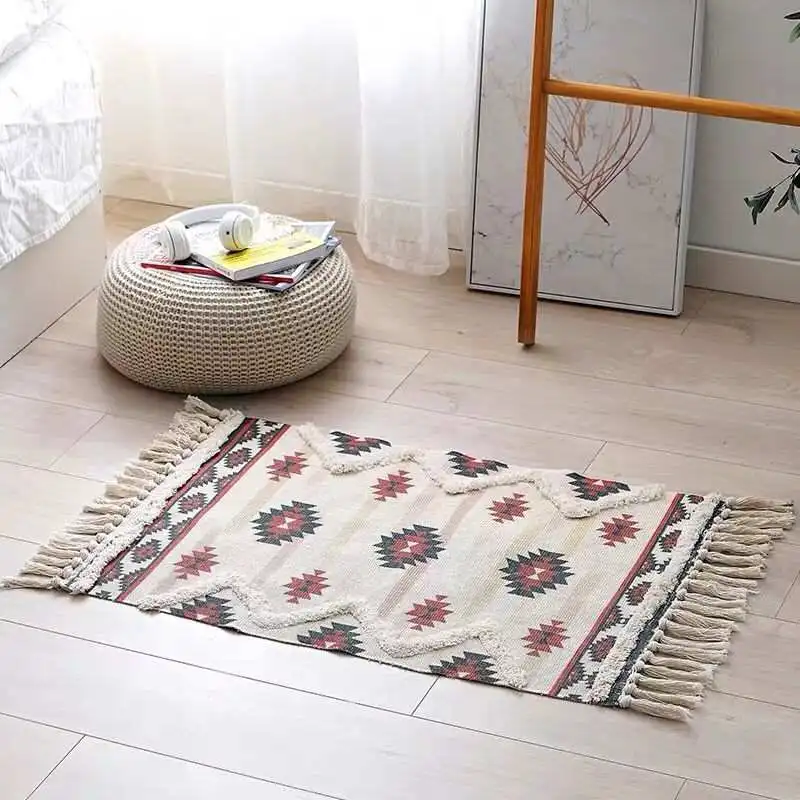 60x90cm Vintage Bohemian Style Floor Mat Geometric Cotton Linen Bedside Carpet Livingroom Sofa Area Rugs