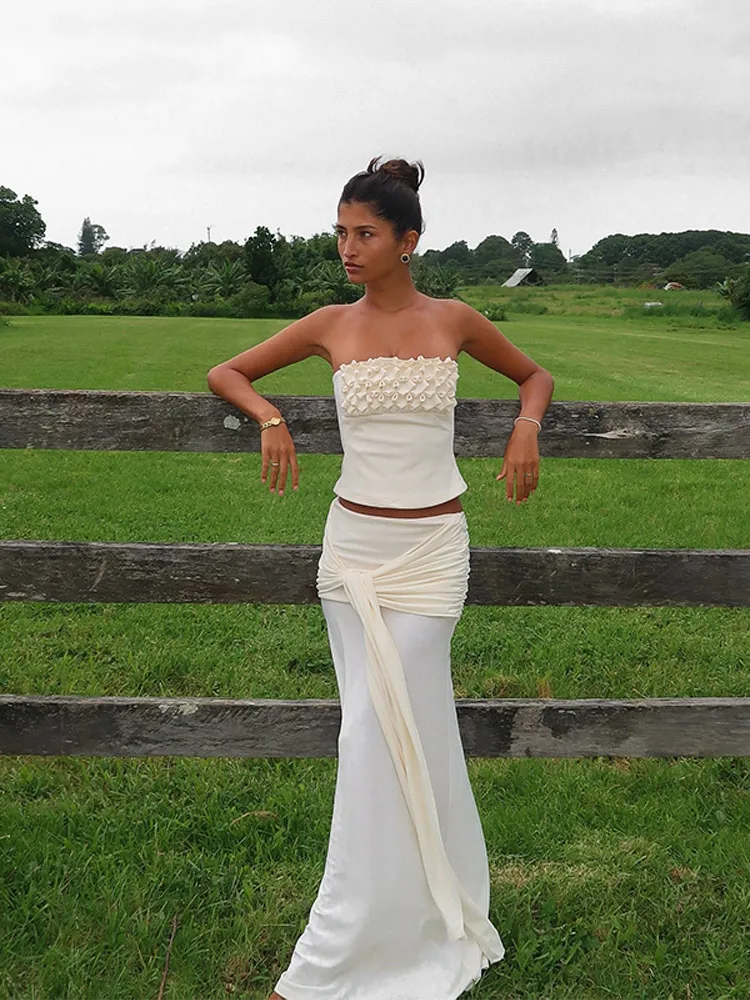

Elegant Women Solid Pleated Strapless Vest Long Skirt Set Sexy Backless Sleeveless Top Lace Up Skirt Suits Chic Lady Party Wear