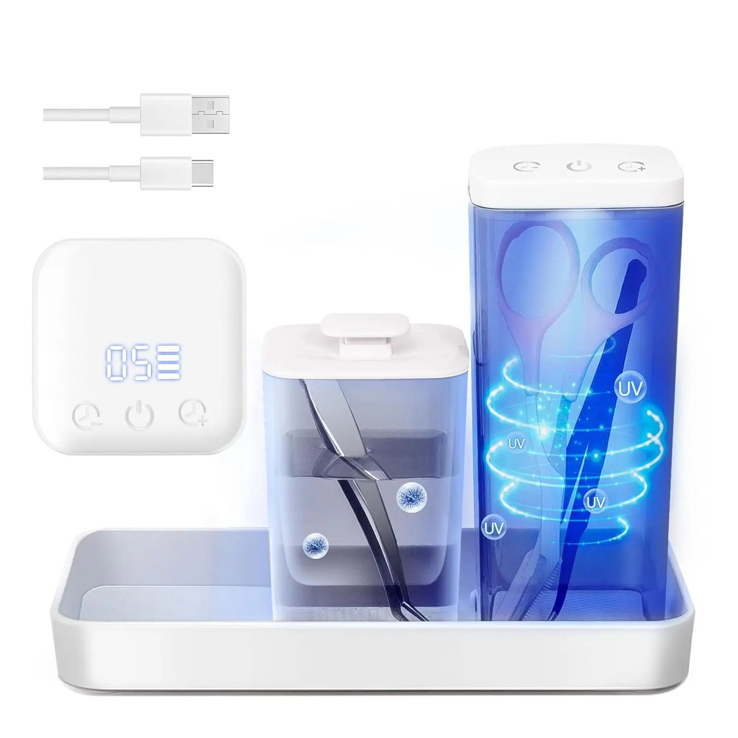 

Nail Tool Cleaning with Blue Light 2PCS Partition Cleaning Cups with Tray Timer Setting Rechargeable For Nail Tools Barber Salon