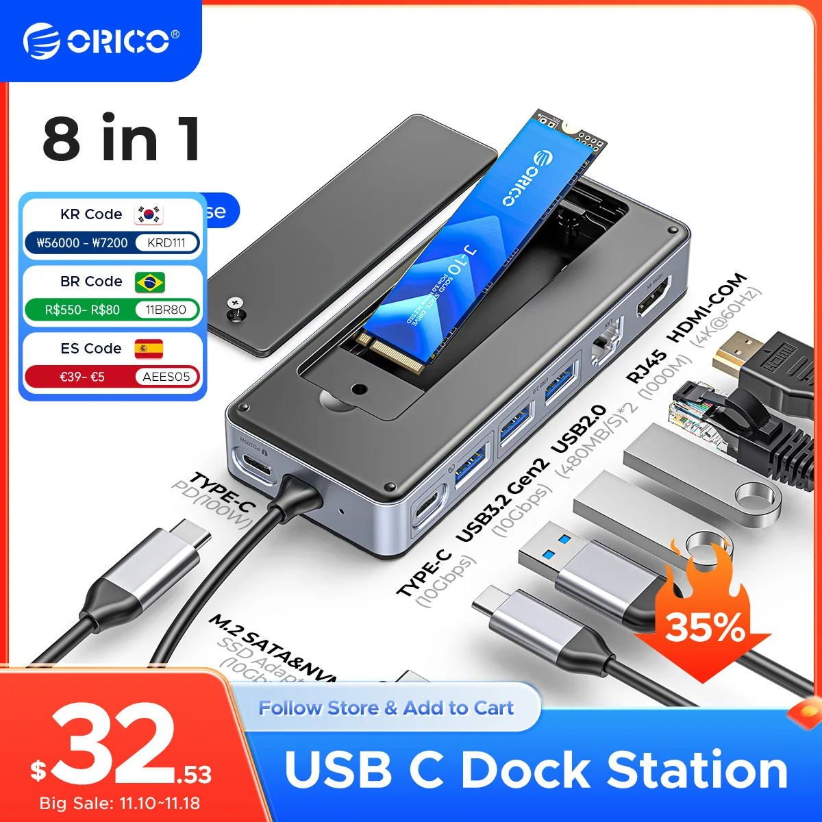 ORICO  USB C HUB with SSD Enclosure Laptop Docking Station with 4K 60Hz HDMI-Com 100W PD RJ45 SD/TF 10Gbps M.2 NVME SATA SSD 8TB