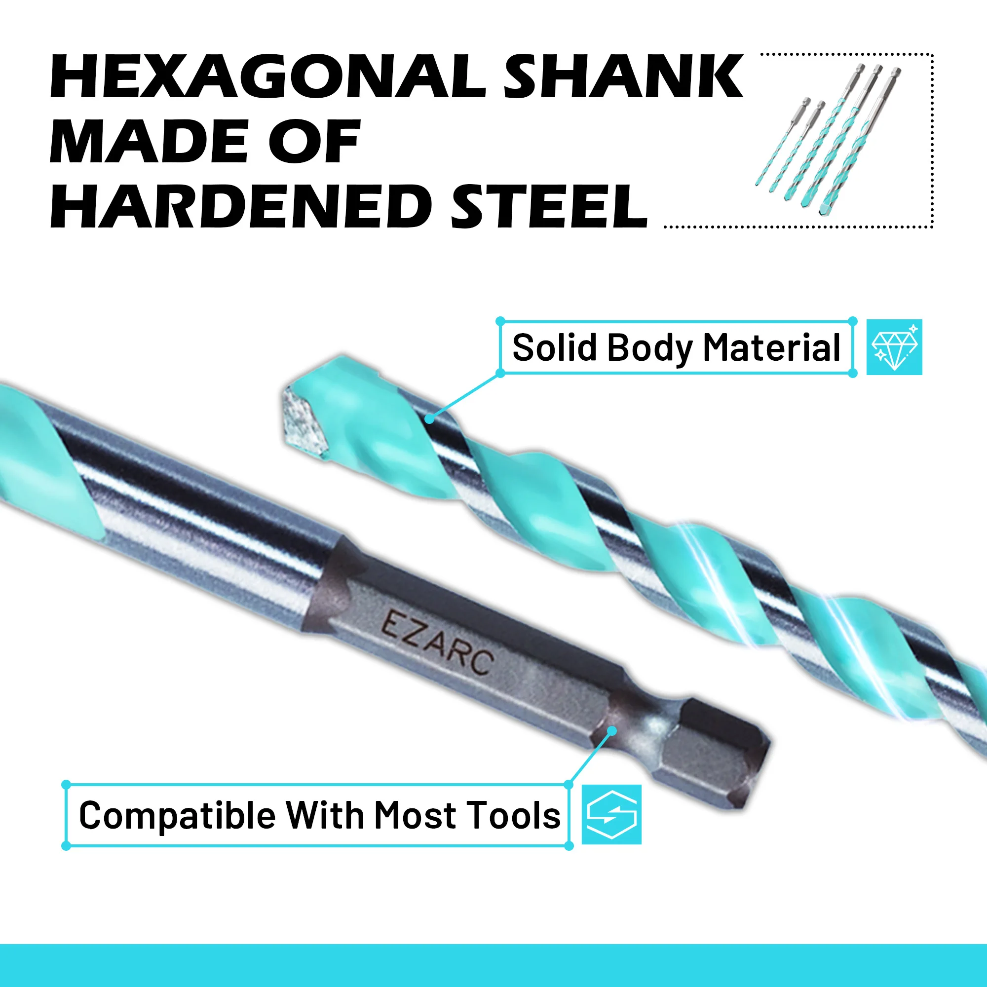 EZARC 5Pcs Carbide Drill Bit Set Metric/SAE, Multi-Purpose Hex Shank Drill Bit for Metal, Masonry, Wood, Block, Brick and Plast