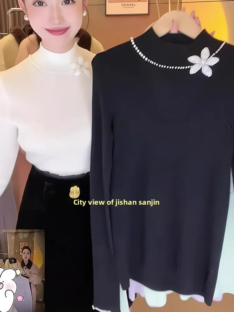 

Ladies Long Sve Woolen Base irt Inner Wear Knitted Top Faionable Pearl Design Commute Sle Slim Fit Korean Version