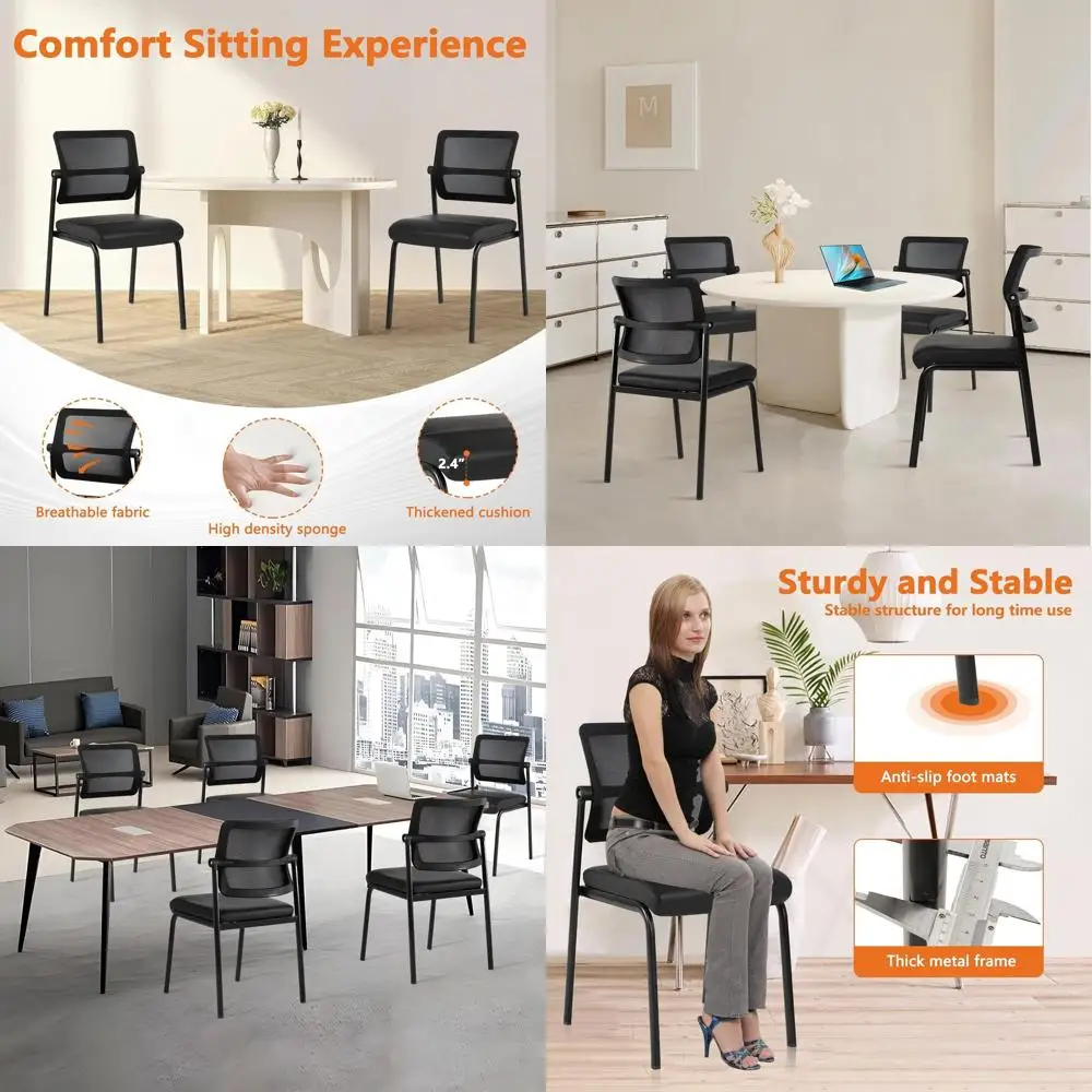 

Adjustable Mesh Back Office Chairs with Leather Cushion, Armrests, and Lumbar Support for Waiting Rooms, Conference Areas, 8 Bla