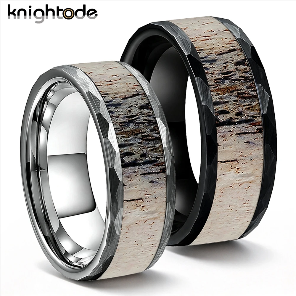 8mm Tungsten Carbide Couple Wedding Rings Hammered Brushed Antler Inlay Comfort Fit Engagement Rings for Men Women Anniversary