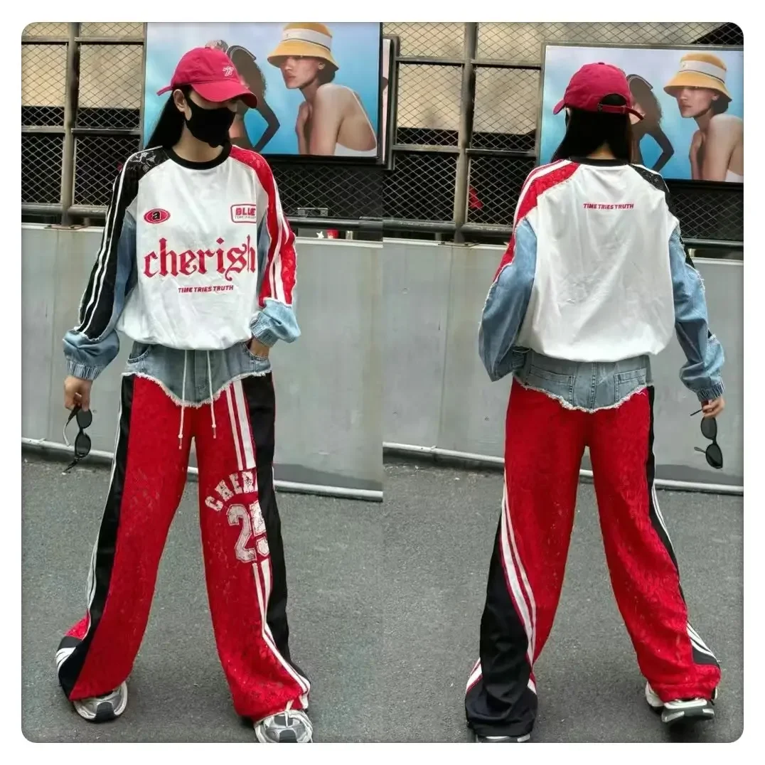 

European Goods Lace Jeans 2025 Spring and Summer New Denim Splicing Letter Printing Perspective Trousers Tide Streetwear Women