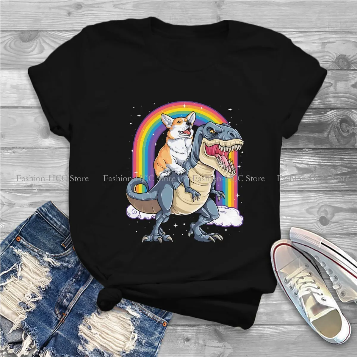 Corgi Riding Dinosaur T Rex   Rainbow Dog Hipster Polyester TShirts Dogs Momen Style Streetwear T Shirt Round Neck