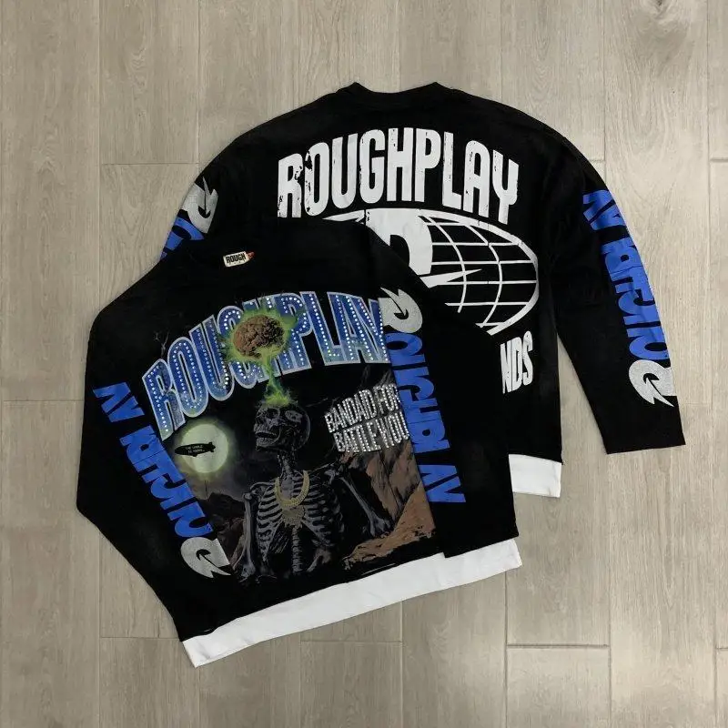 

Rough Play Street Style Long Sleeve T-Shirt for Men And Women Casual Loose Fit Diamond Print Letter Patchwork Autumn Winter T...