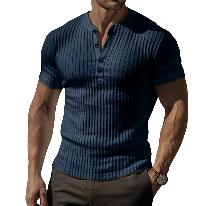 

Summer Men's Henry T-Shirt Fashion Boys Short Sleeve Striped Tops Tees Mens Sports Gym Fitness Elastic t shirts Clothing