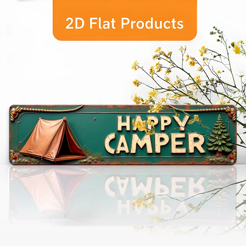 2D Flat - A Decorative Aluminum Wall Sign in a Vintage Style That Reads 'HAPPY CAMPER', Measuring 10X40 Cm (3.9X15.7 Inches). Su