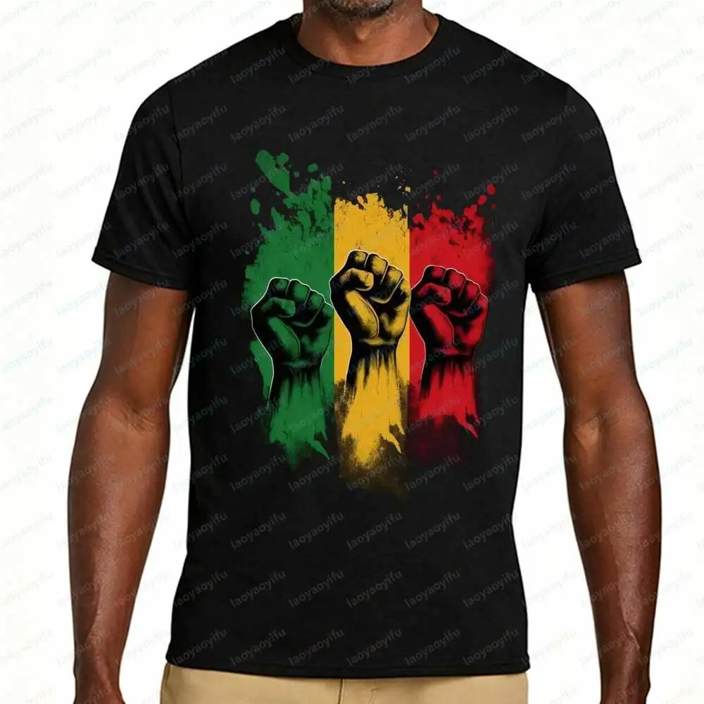 Juneteenth Black Power Fist T-Shirt for Men Women African American Pride Rasta Color Graphic Tee Casual Short Sleeve Cotton Tops