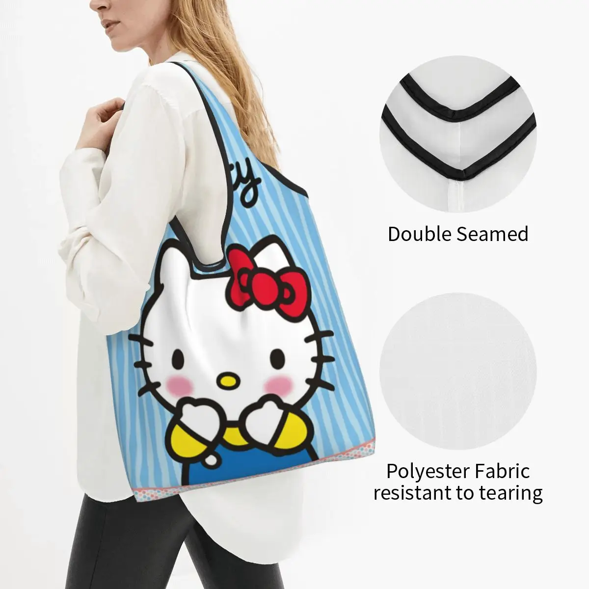 Cartoon Cute Hello Kitty Grocery Bags Durable Large Recycle Foldable Heavy Duty HelloKitty Shopping Tote Bag Washable With Pouch