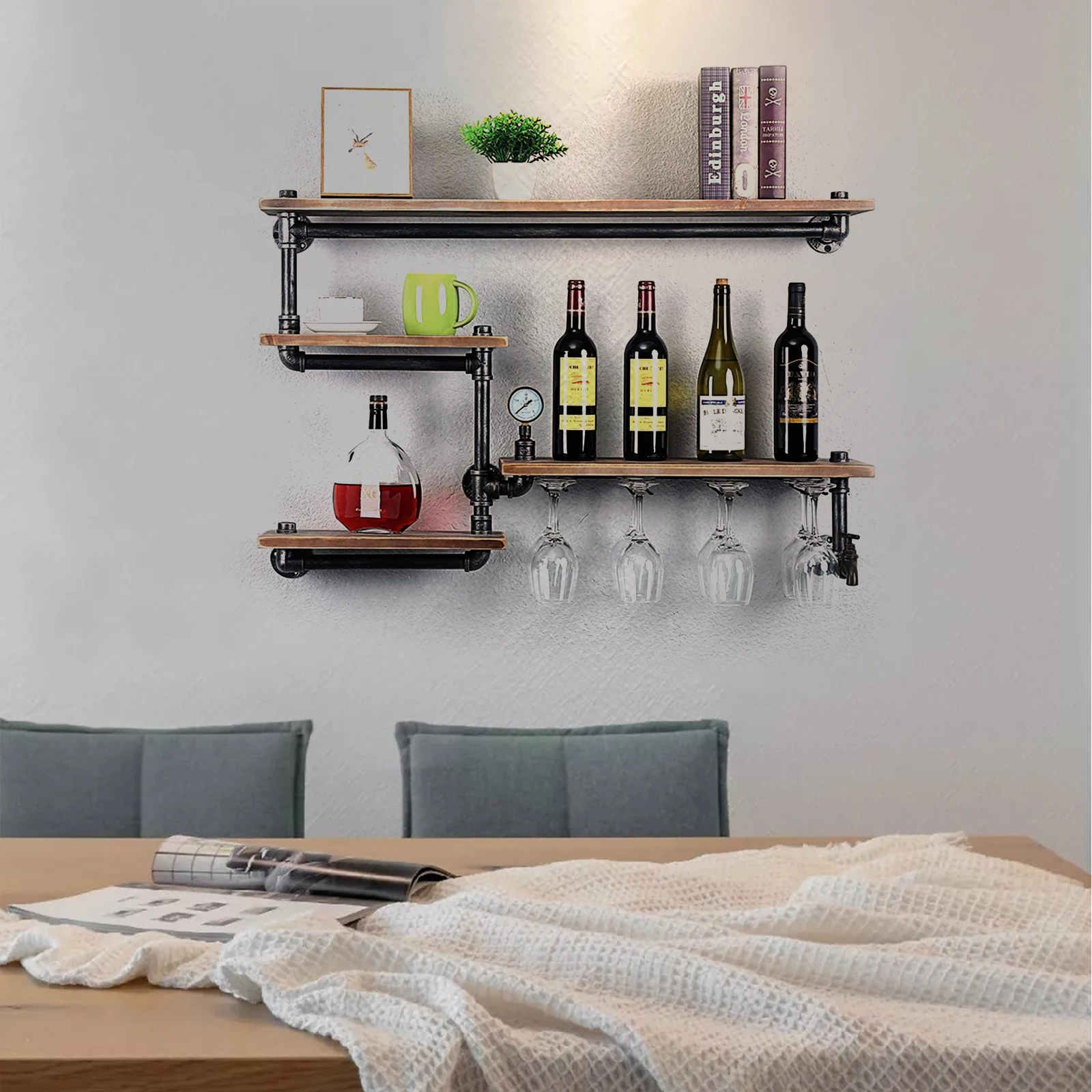 

4 Stem Rustic Metal Floating Bar Shelves Wall Mounted Industrial Pipe Shelf Wine Rack Rustic Metal Floating Bar Pipe Shelf