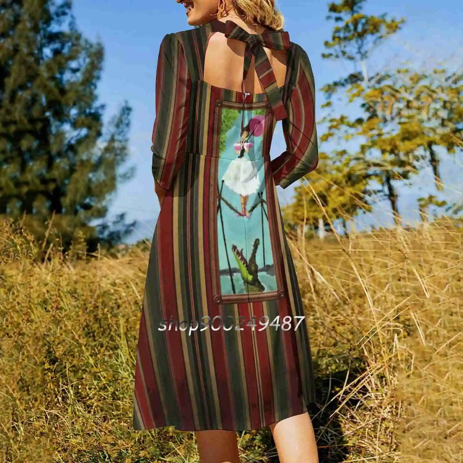 Tightrope Girl Flare Dress Square Neck Dress Elegant Female Fashion Printed Dress Haunted Mansion Land Hm Tightrope Girl