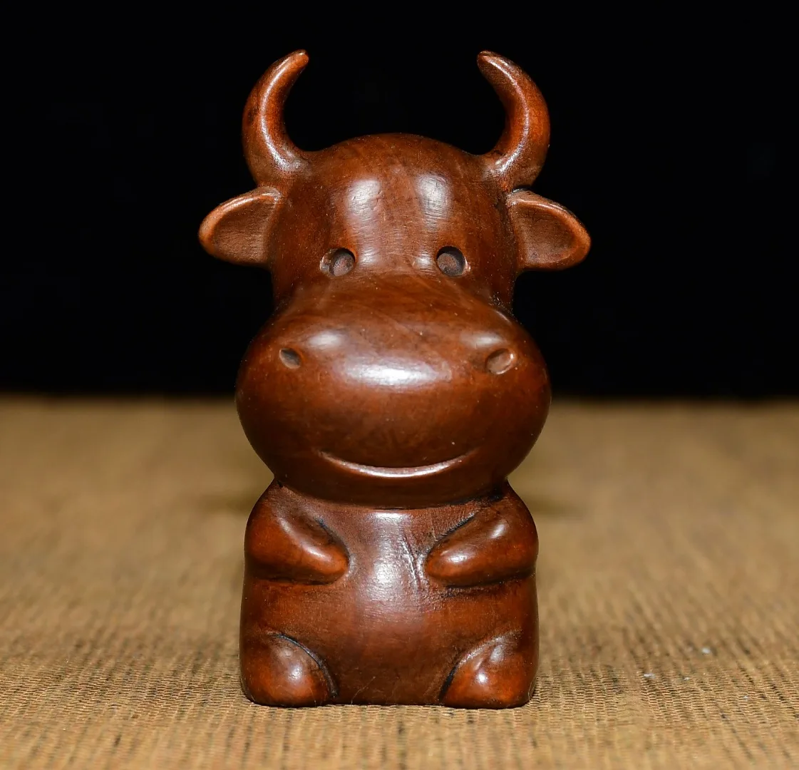 

3"Collection Old Boxwood Cartoon cow statue Struggling Bull Ornament Amulet Dharam Amass wealth Town house Exorcism