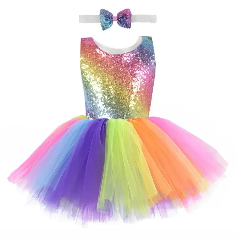 Cosplay Pastel Rainbow Sequins Dress Baby Girl Birthday Party Princess Costume Children Summer Tutu 2-10T Clothes MN12