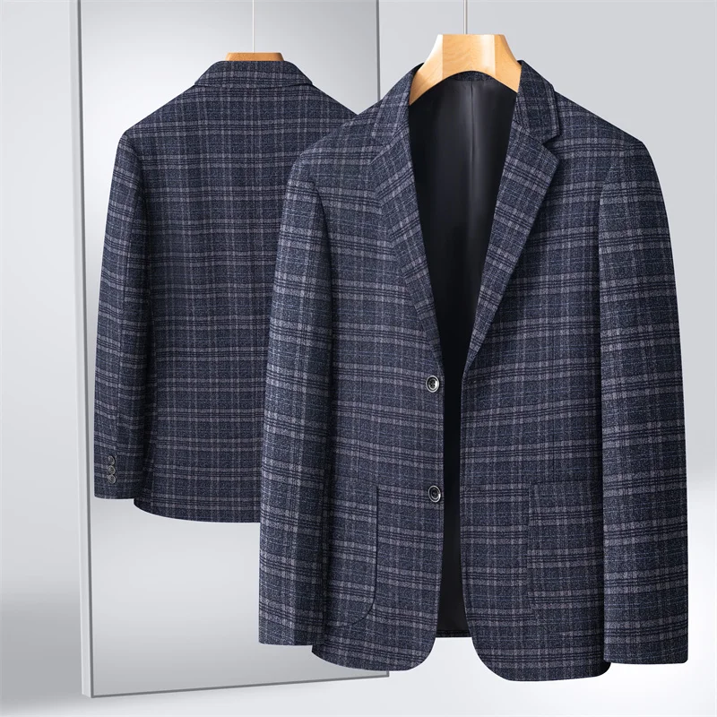 Leisure Loose Navy Blue Check Texture Spring and Summer New Young Men's Suit Fashion Trend Casual Coat