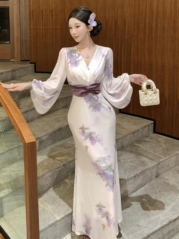 Vrouwen Kleding Zoete Bloemenprint V-hals Lace-Up Slanke Maxi Lange Jurk Elegante Dame Party Prom Vestido Gewaad Boho Casual Koreaanse Nieuw