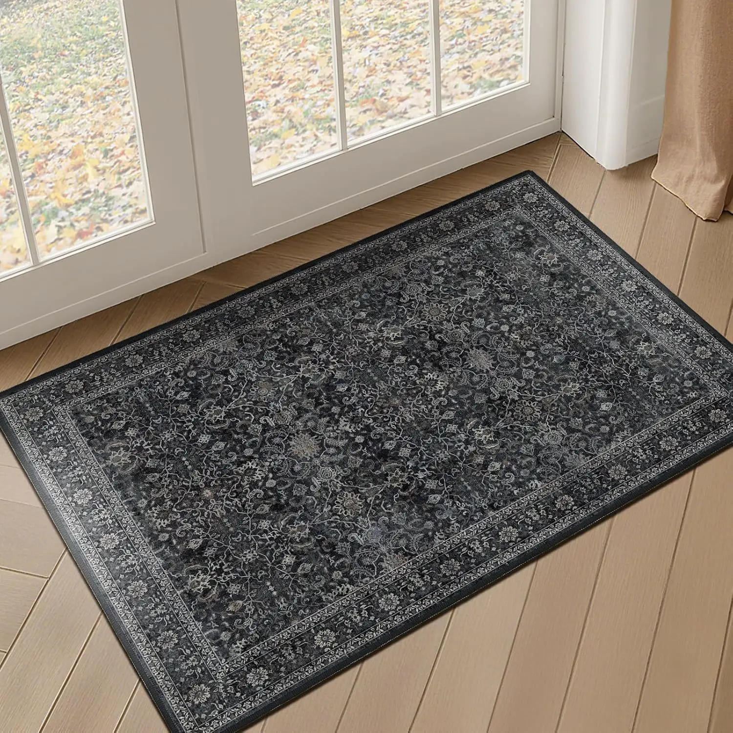 VIKAMA Vintage Distressed Oriental Floral Rug, Non‑Slip Washable Stain Resistant Gray Boho Indoor Entryway Floor Mat