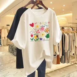 Women Clothing Chic Hand-painted Printing Basic T-shirt Summer Fashion Pure Cotton Round Neck Short Sleeve Tees Casual Loose Top