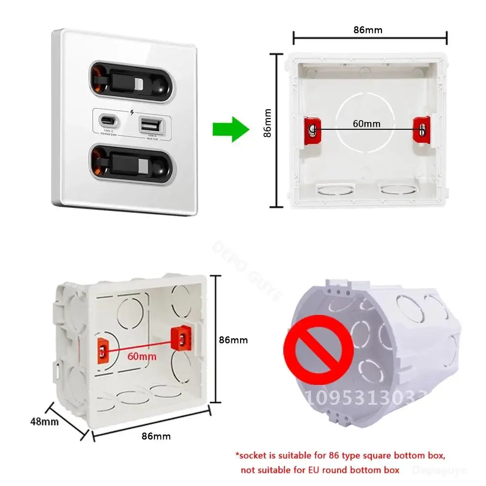 White Universal Smart Socket With Telescopic charging line 20W Fast Port Plug USB Power Charge Outlet Type Wall Tempered Glass C