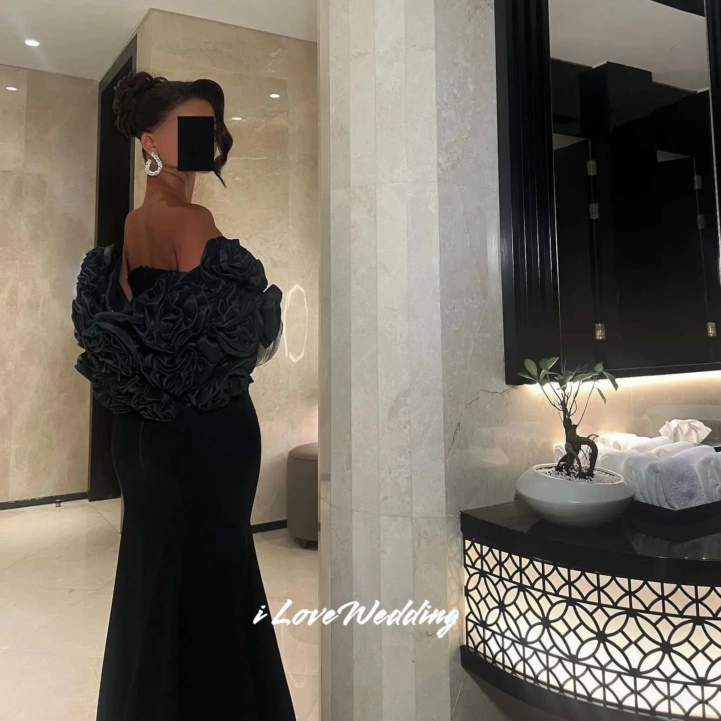 فساتين سهرة سوداء بدون حمالات 2025 بدون أكمام شال حورية البحر زهور ثلاثية الأبعاد طول الأرض فستان حفلة موسيقية فستان حفلات الزفاف مخصص