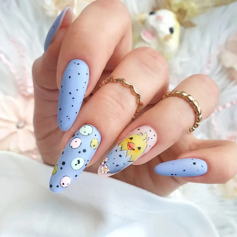 24pcs Easter Rabbit False Nails Almond Chicken Easter Eggs Pattern Press on Nails Full Cover Detachable 2024 New False Nail Tips