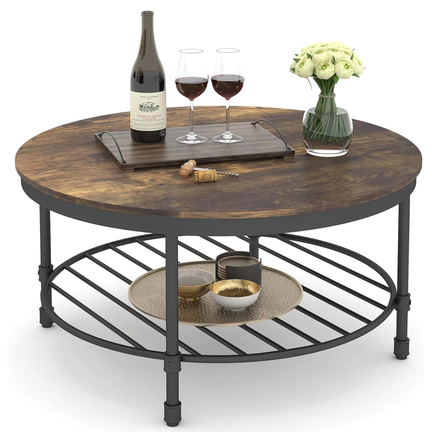 2-Tier Round Coffee Table, Industrial Coffee Table for Living Room, Wooden Rustic Accent Table with Open Shelf Storage, Brown