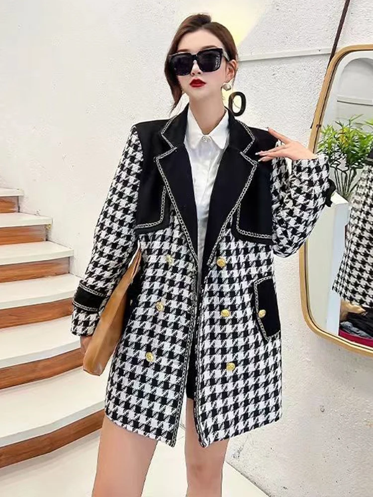 KBAT 2024 Vintage Small Fragrance Tweed Jacket Oversize Double Breasted Coat Warm Plaid Faux Woolen Jackets Office Lady Outwear