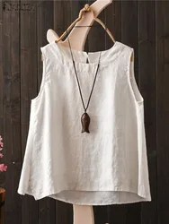 ZANZEA Summer O Neck Sleeveless Tanks Tops Women Vintage Blouse Fashion Solid Casual Shirt Female Loose Cotton Blusas Chemise