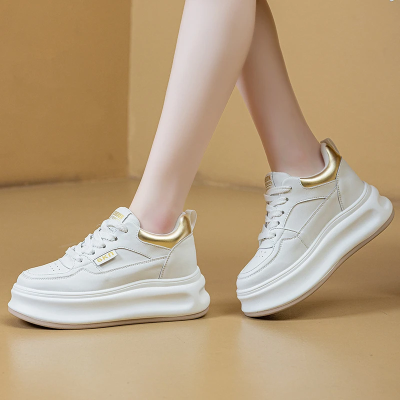 

Womens White Gold Metallic Hidden Height Increasing Chunky Sole Leather Casual Fashion Versatile Shoes Mesh Comfortable Spring