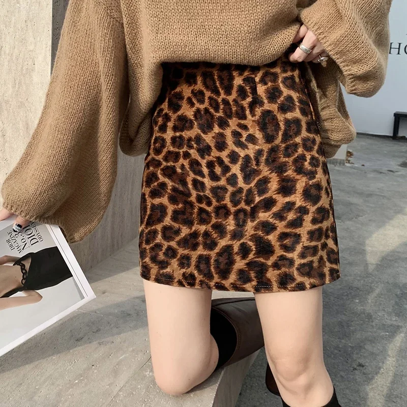 Retro leopard print brushed half skirt for women 2024 autumn new high waist slimming fashion A-line skirt spicy girl short skirt