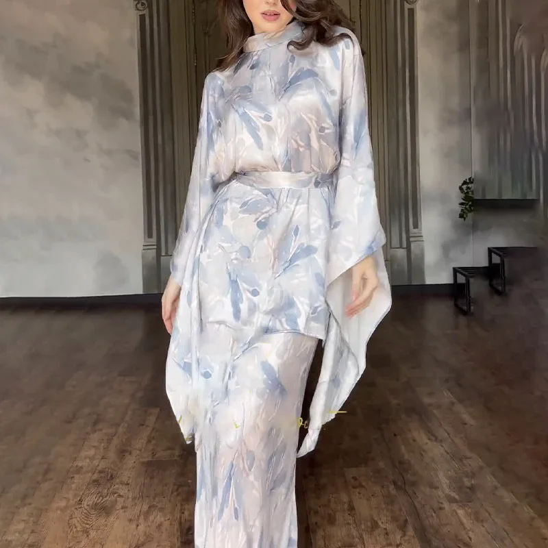 แฟชั่นเอวสูงพิมพ์ชุด Maxi สําหรับผู้หญิงแขนยาว Gowns 2 ชิ้นชุดมุสลิม Casual หลวมดอกไม้ Abayas