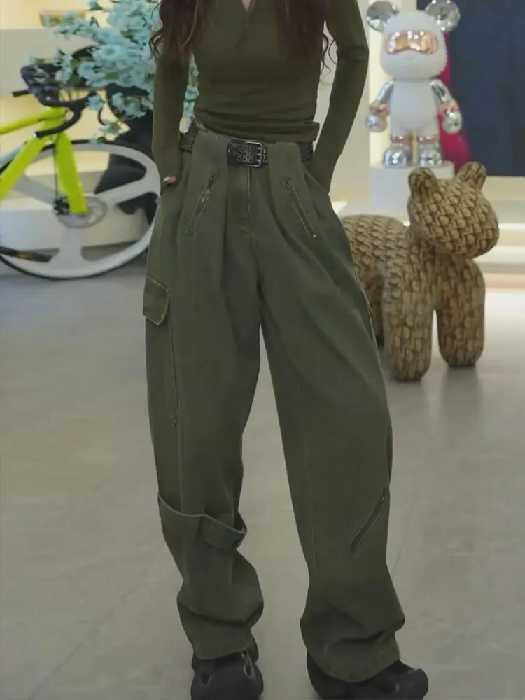 American Retro Military Green Paratrooper Pants High Waist Wide Leg Floor Length Women's Spring Autumn New Style Loose Workwear