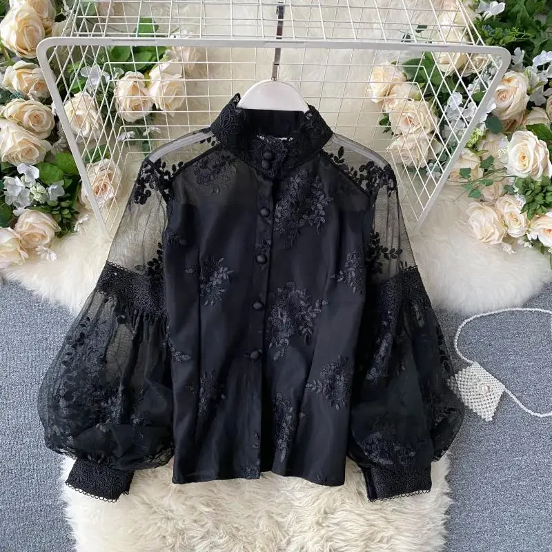 Women French Mesh Lace Blouse Stand Collar Three-dimensional Embroidered Puff Sleeves Court Style Slim Shirt Female Blusa PL610