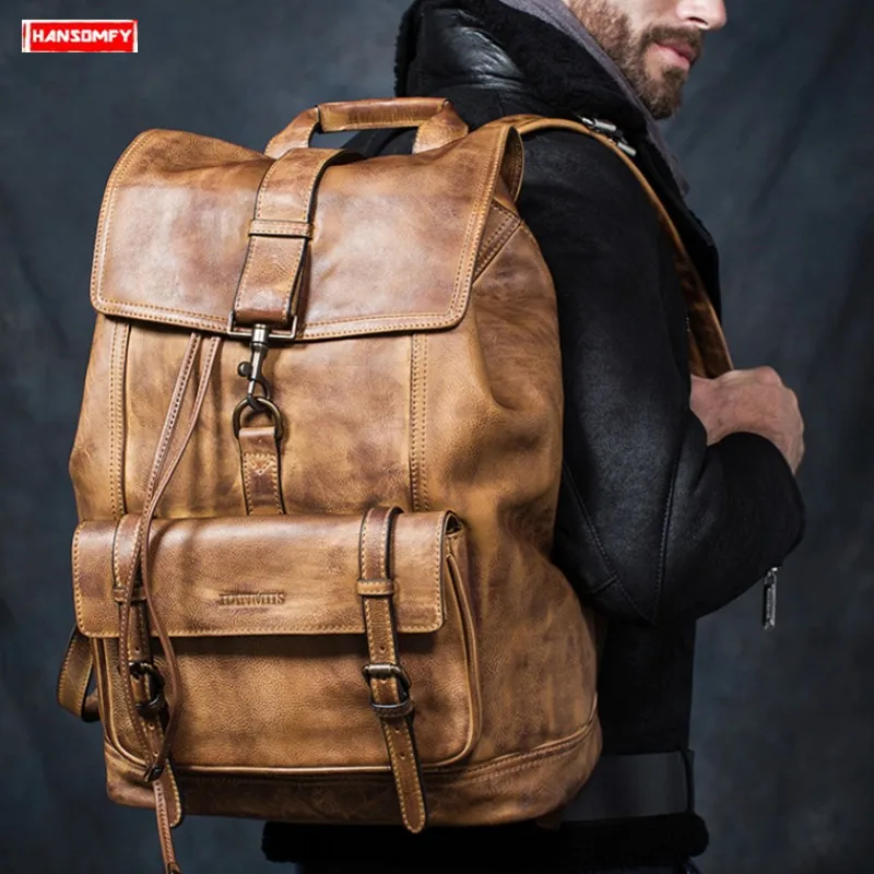 Genuine Leather Men Backpack Travel Shoulder Bag Full Leather Large Capacity Men\'s Laptop Backpacks First Layer Cowhide Bags